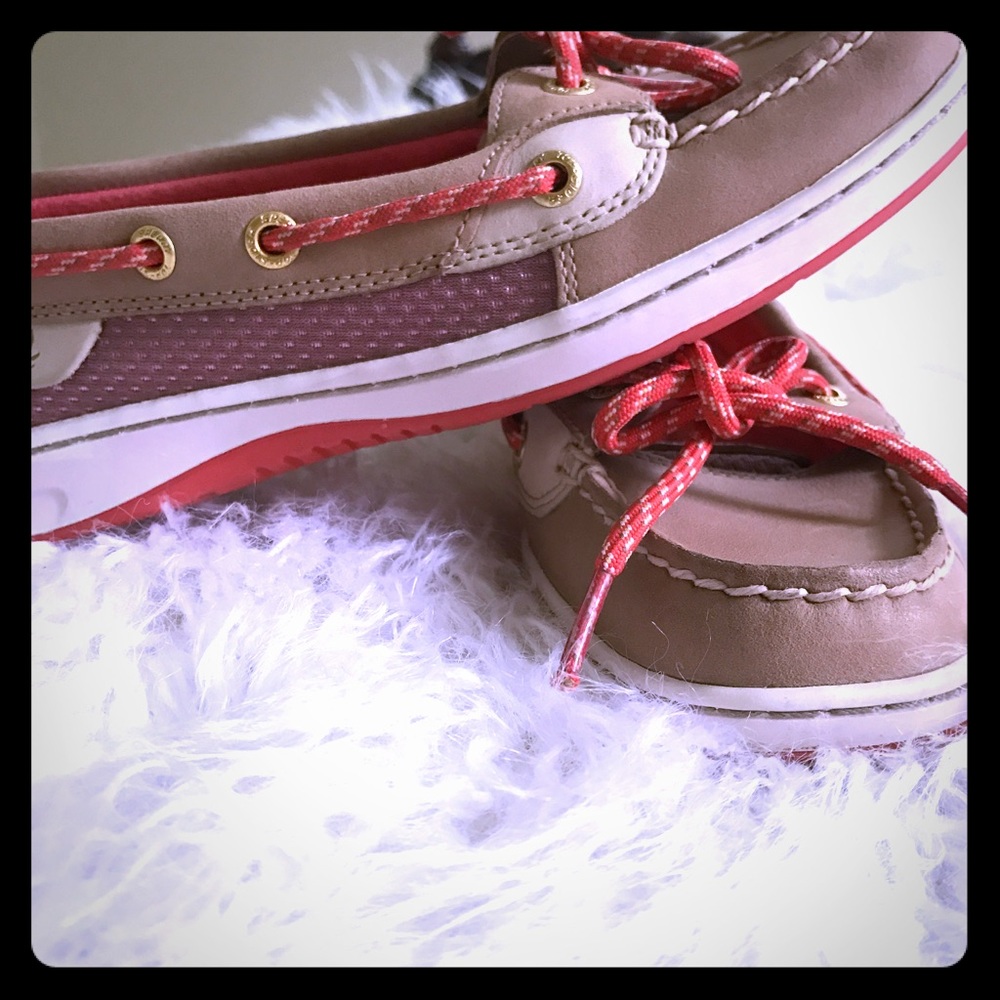 Tan Sperry Boat Shoes With Orange Accents